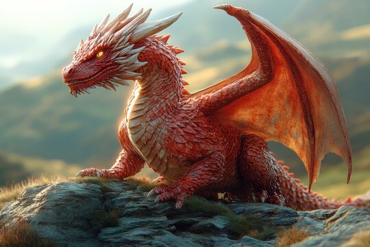 Welsh Dragon Illustration in Vibrant Red, Medieval Style with Golden Sunlight and Green Landscape