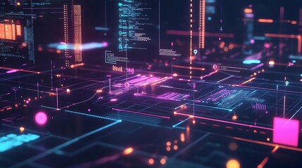 Contemporary business infographic style showcasing an organization chart connected by AI-driven lines of communication, professional staff analyzing data on bright sleek devices 