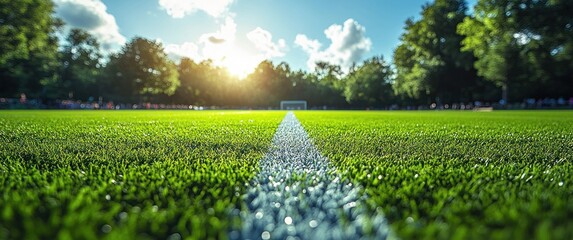 vibrant soccer field summer sun empty lush green grass small town practice arena modern space championship