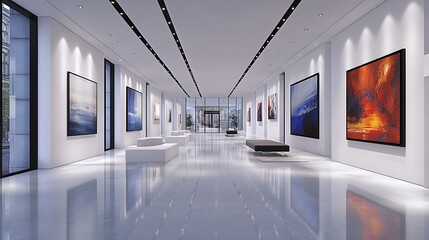 A minimalist gallery room with sharp white cube walls, smooth polished floors reflecting soft lights, and a quiet, modern ambiance, hd quality, clean and elegant simplicity --ar 16:9