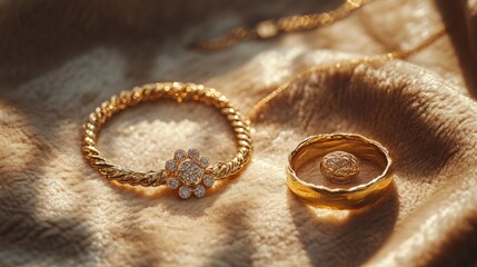 Fototapeta premium Golden jewelry sunlight fabric background