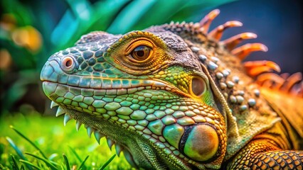 Fototapeta premium Iguana Terrarium Closeup: Reptile Portrait, Artificial Grass Habitat, Exotic Pet Lizard Photography