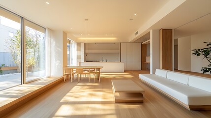 Fototapeta premium A minimalist Scandinavian-style room with pale oak floors, clean white walls, and a simple, open layout, natural light enhancing the bright and airy aesthetic, hd quality --ar 16:9