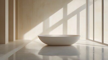 A minimalist white room with smooth, clean walls, polished light oak wooden floors, and soft natural light streaming in through a single large window, creating a serene and open space,