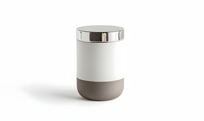 White and taupe cylindrical jar with silver lid.