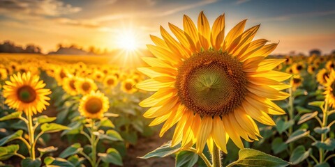 Obraz premium Golden Sunflower Field Bathed in Warm Sunset Light