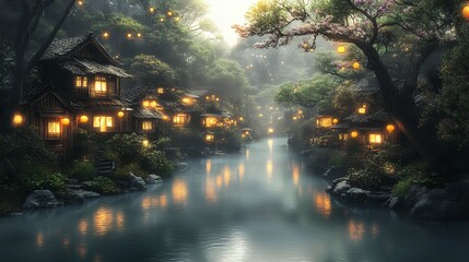 Picturesque Asian-inspired village at night, illuminated by warm lights, along a calm river shrouded in mist.