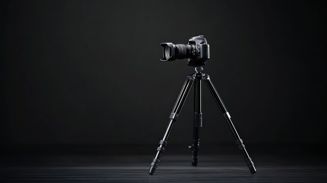 A camera mounted on a tripod, set against a dark background for photography.