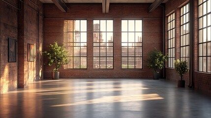 Fototapeta premium A modern industrial room with raw brick walls, polished concrete floors, and warm sunlight streaming through tall steel-framed windows, minimalist and open, hd quality --ar 16:9