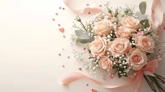 Romantic bouquet of soft pink roses with ribbon and scattered hearts, elegant and sentimental theme, suitable for weddings, Valentine's, or special occasions