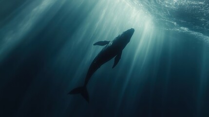 Whale silhouetted, underwater ocean sunbeams, documentary