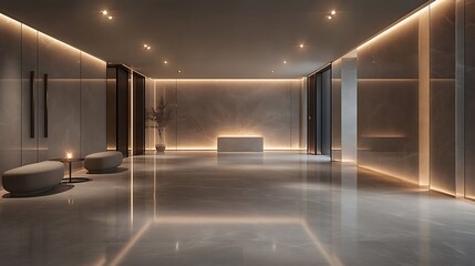 A modern room with neutral gray walls, recessed ceiling lights casting a soft, even glow, smooth polished floors, and minimalist decor, creating a sleek and calm ambiance, hd quality --ar 16:9