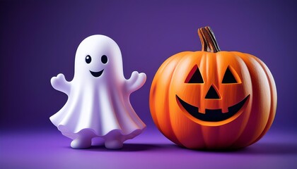 A cute ghost toy stands next to a smiling jack-o'-lantern on a vibrant purple background, embodying the playful spirit of Halloween.
