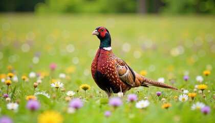 Fototapeta premium Colorful pheasant standing in a field of wildflowers