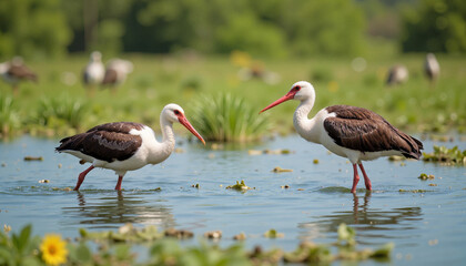 Obraz premium Storks wading in shallow water surrounded by green foliage