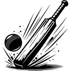 Wooden cricket bat hits difficult low fly ball in monochrome. Simple minimalistic  in black ink drawing on white background