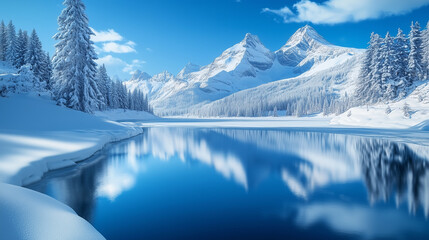 Obraz premium snowy mountain landscape, Frozen lake surface, blue sky, game assets, winter wallpaper