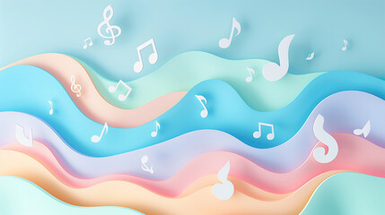 Pastel-colored abstract waves with floating white musical notes on soft background