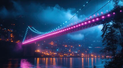 Fototapeta premium Colorful bridge illuminated at night over water.