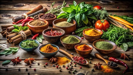 Fototapeta premium A Rustic Tabletop Display of Vibrant Spices and Aromatic Herbs, Ready to Infuse Culinary Creations with Flavor and Depth