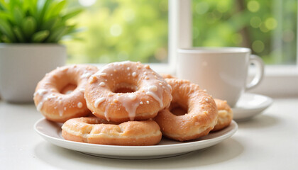 Delicious glazed donuts on plate with coffee cup and greenery background