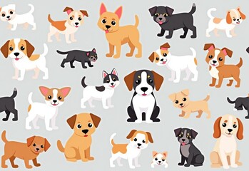 かわいい犬のパターン：さまざまな色の犬が散りばめられた、グレーの背景に描かれたカートゥーンスタイルのイラスト
