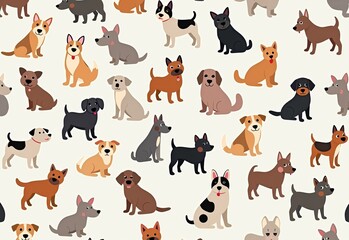 Obraz premium Charming Flat Illustration of Cute Dogs: High-Definition Cartoon Style with a Scattered Arrangement on a Gray Background for Dog Lovers 