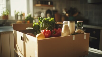 A cardboard box filled with fresh groceries on a kitchen counter.