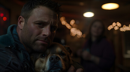 Obraz premium A man is hugging a dog in a dark room