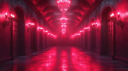 Dark corridor illuminated by red lights and chandeliers.