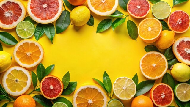 A citrus fruit border of oranges, grapefruits, lemons and limes on a vibrant yellow background.