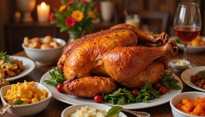 Roasted turkey on festive table with side dishes and flowers