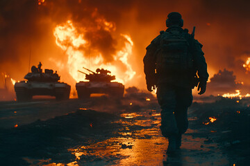 Soldier walks away from burning tanks, warzone (1)