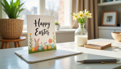 Easter greeting card on desk with flowers and sunlight
