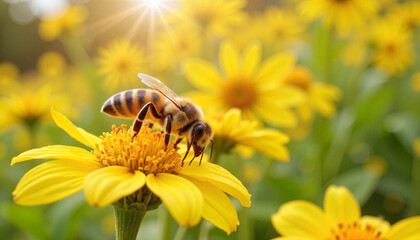 Bee pollinating yellow flower in sunlit meadow
