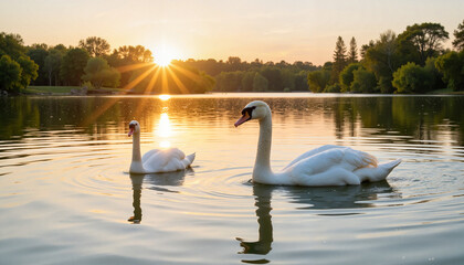 Swans swimming peacefully at sunset on tranquil lake