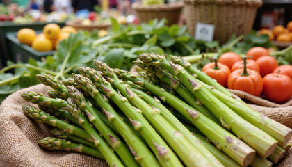 Fresh asparagus stacked on burlap with tomatoes and greenery background