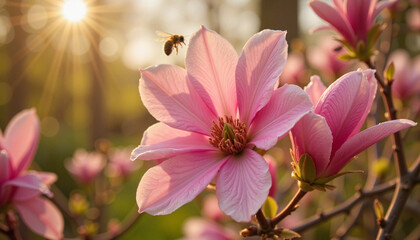Bee hovering over pink magnolia flowers in sunlight