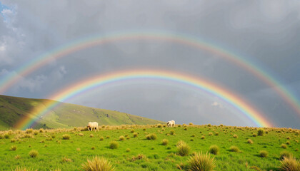 Double rainbow over green hill with grazing sheep
