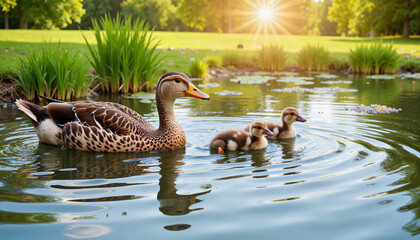 Mother duck swimming with ducklings in a serene pond