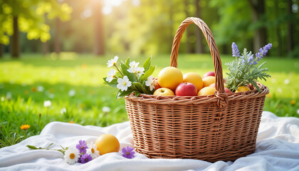 Fruit basket with flowers on a sunny green lawn