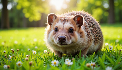 Hedgehog exploring grassy area with flowers