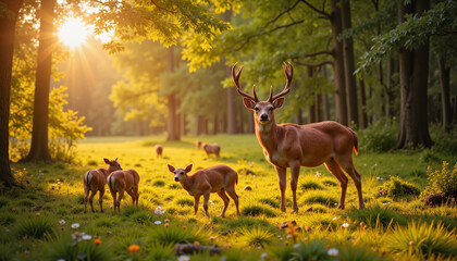 Stag with fawns grazing in a sunlit forest