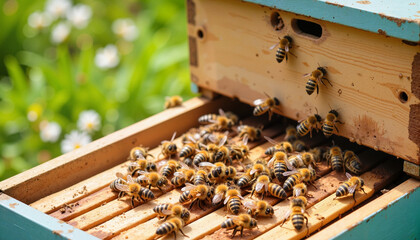 Bees buzzing around an open beehive in a blooming garden