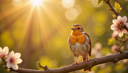 Colorful bird perched on branch with flowers against sunlight