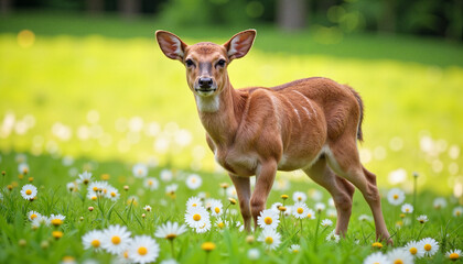 Young deer standing among daisies in a sunny meadow