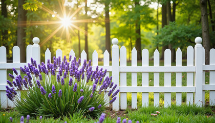 Lavender flowers blooming near white fence in sunny garden