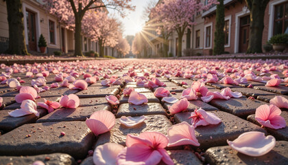 Pink flower petals scattered on cobblestone street
