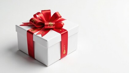 White background with wide flat gift box adorned with red ribbon and gold sequins, white background, gift wrapping