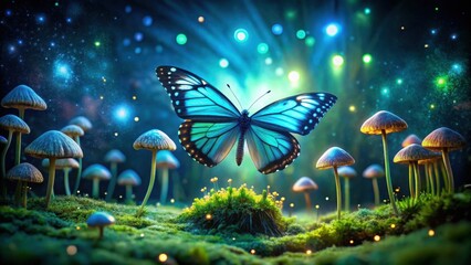Enchanted Forest Night A Blue Butterfly Soars Above Glowing Mushrooms and a Bed of Moss